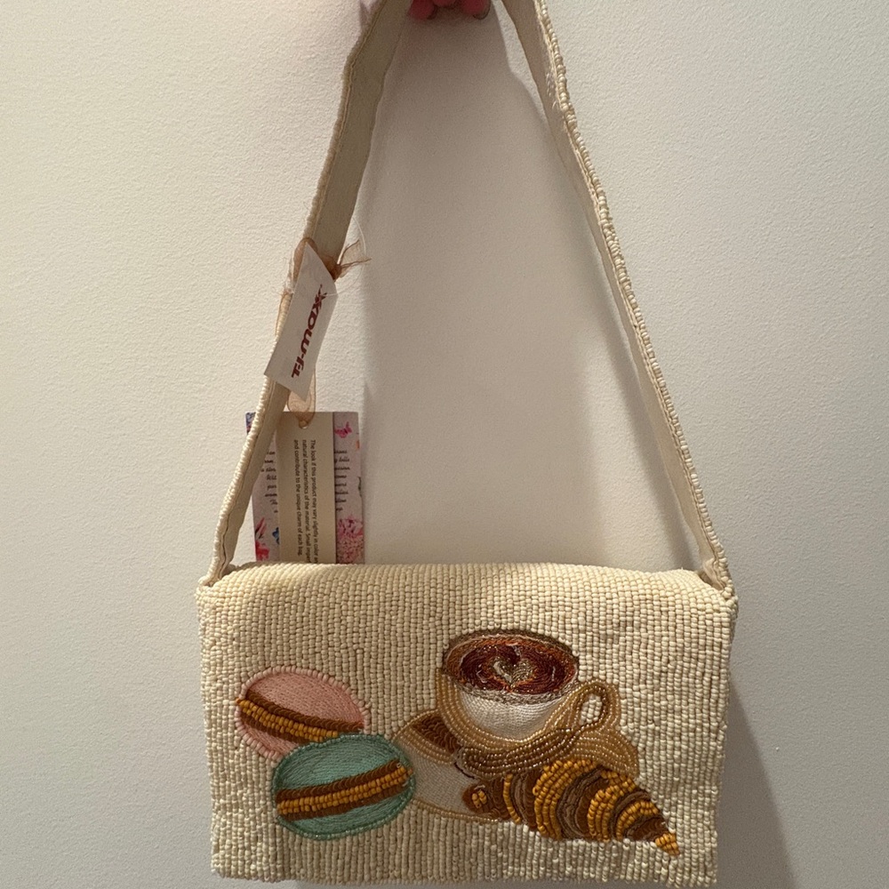 Made in India Macaroon Croissant Coffee Beaded Bag